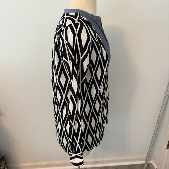 J. Crew Black & White Geometric Diamond Print Tunic with Chambray Bib Size Small - Picture 6 of 8